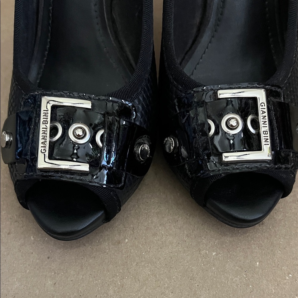Gianni Bini Black Peep-Toe Heels with Silver Buckle - Picture 2 of 5